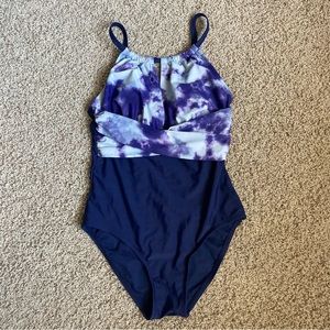 Blue Tie Dye High Neck Wrap One Piece Swimsuit